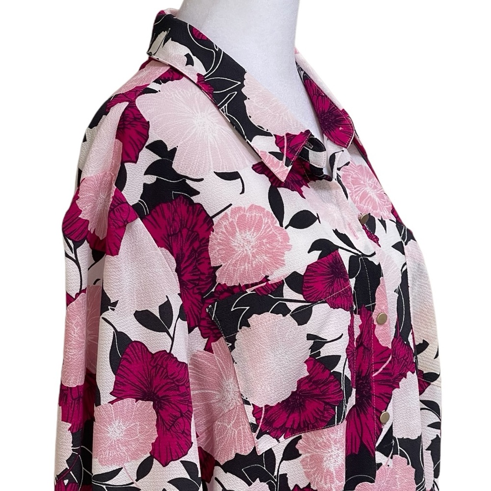 Jones New York Pink Hot Pink Black Floral Button Front Blouse Sz XL Pockets - Picture 8 of 16